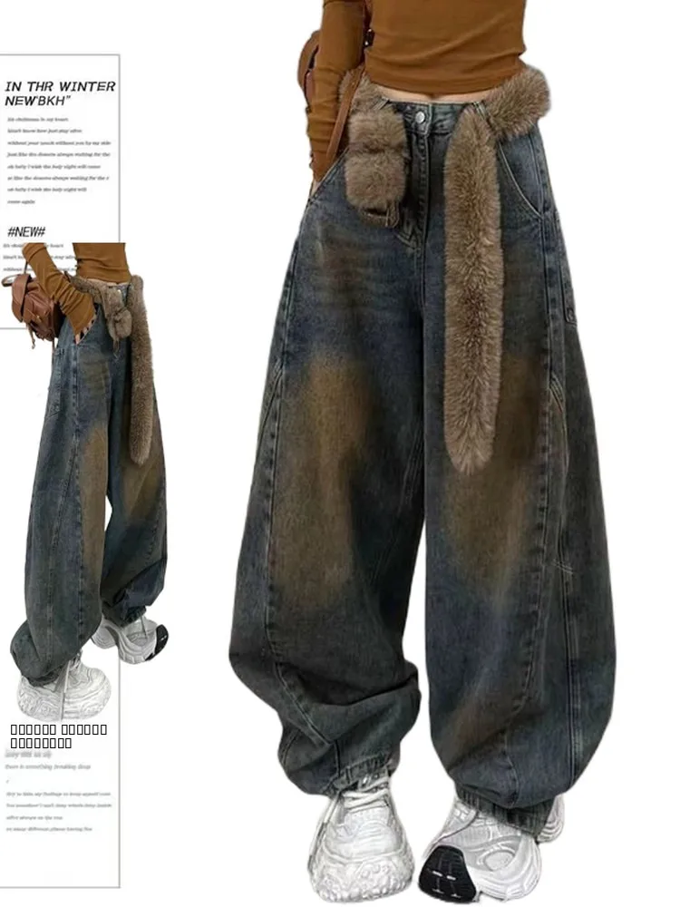 

Джинсы-брюки женские в стиле ретро, с высокой талией, облегающие бедра, широкие штанины, длиной в пол, осенне-зимняя коллекция...