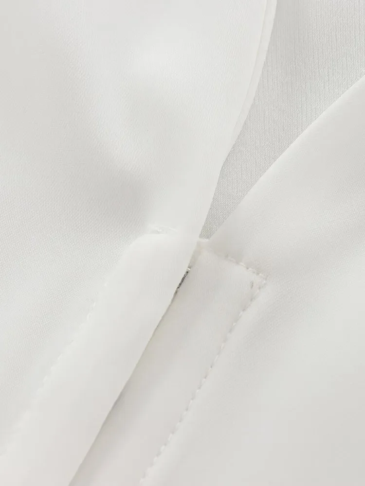 European and American style new women\'s clothing fashionable and versatile style white waist wrinkled V-neck long-sleeved shirt
