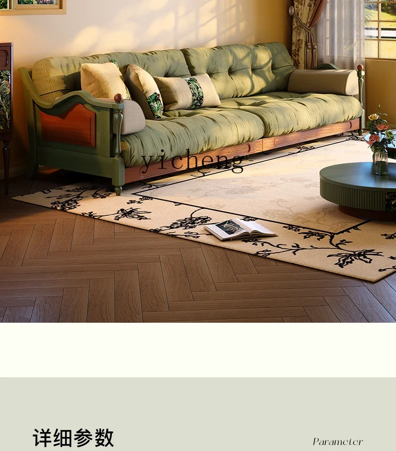 new Chinese solid wood fabric sofa small apartment French retro corduroy straight row sofa