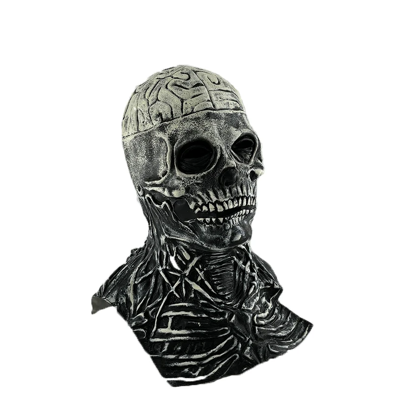 Gruselige Gehirne Skelett Maske Schädel Kopfbedeckung Cosplay Blutige Zombies Schädel Latex Helm Halloween Karneval Party Kostüm Requisiten – Detail 12