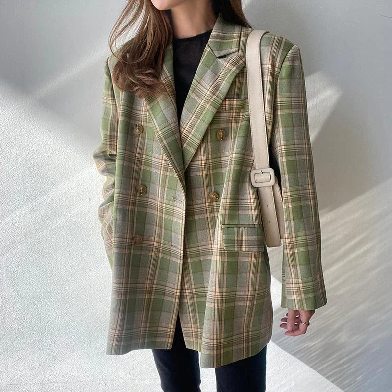 Vintage Loose Women Plaid Blazer 2023 Autumn Chic Double Breasted OL Female Long Sleeve Suit Jackets Oversized Blazers Long