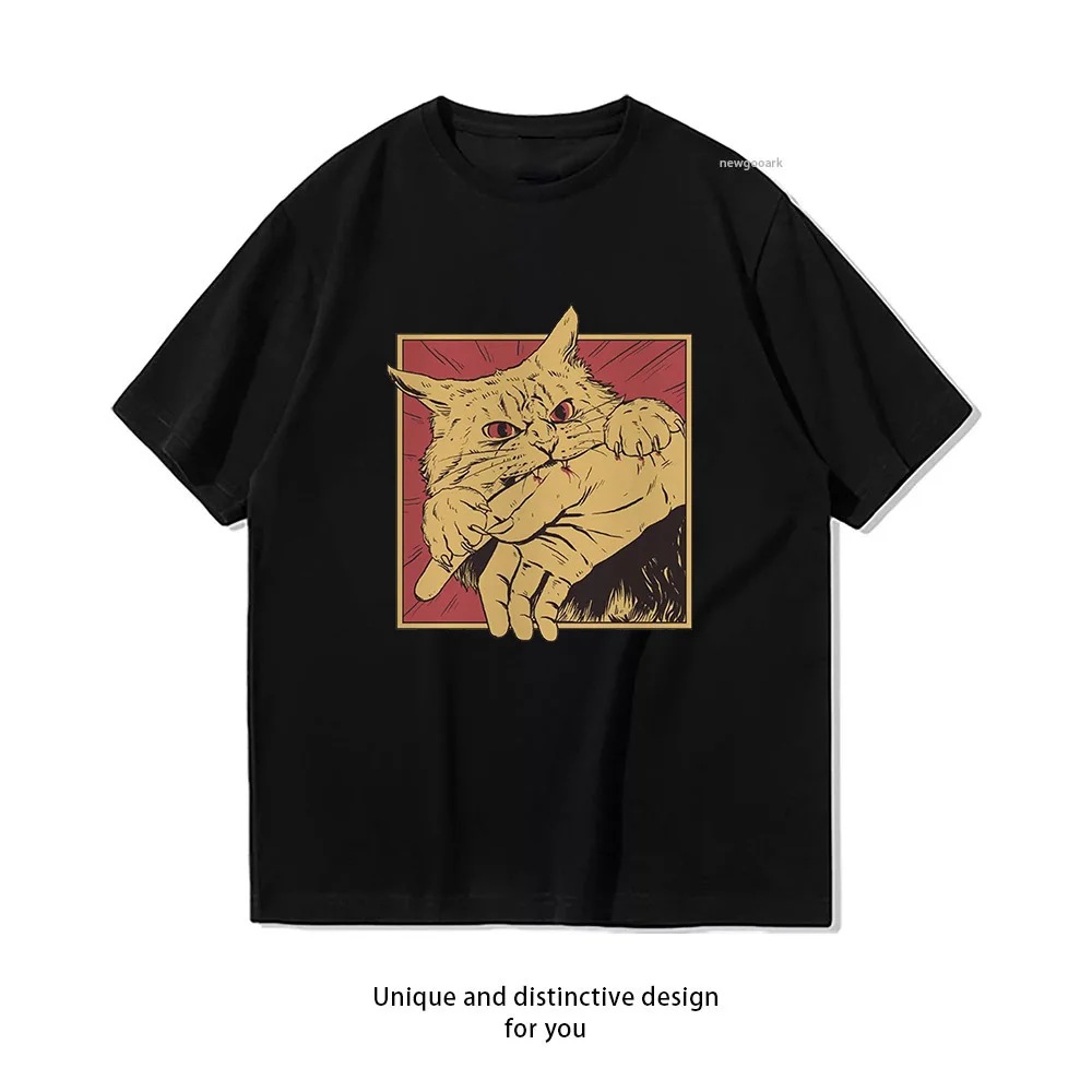Vintage Cat Bite Japanese Horror Anime T-shirt Woman Man Summer Cotton Graphic T Shirts Adult O-neck Camisetas Tops Tee