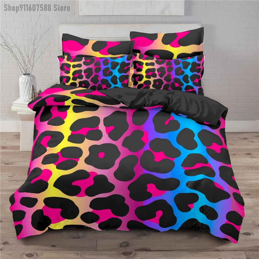 

Colorful Leopard Print Bedding Set Soft Microfiber Blue Duvet Cover with Pillowcase for Kids Teens Adults Queen King Single Size
