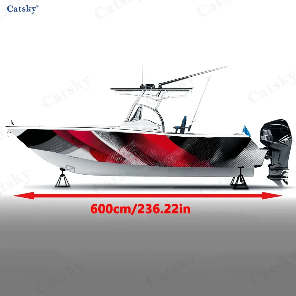 2Pcs Red & Black Diagonal Stripes Boat Stickers, PVC Waterproof Vinyl Wrap Decals for Fishing Boats, Durable and Stylish Design