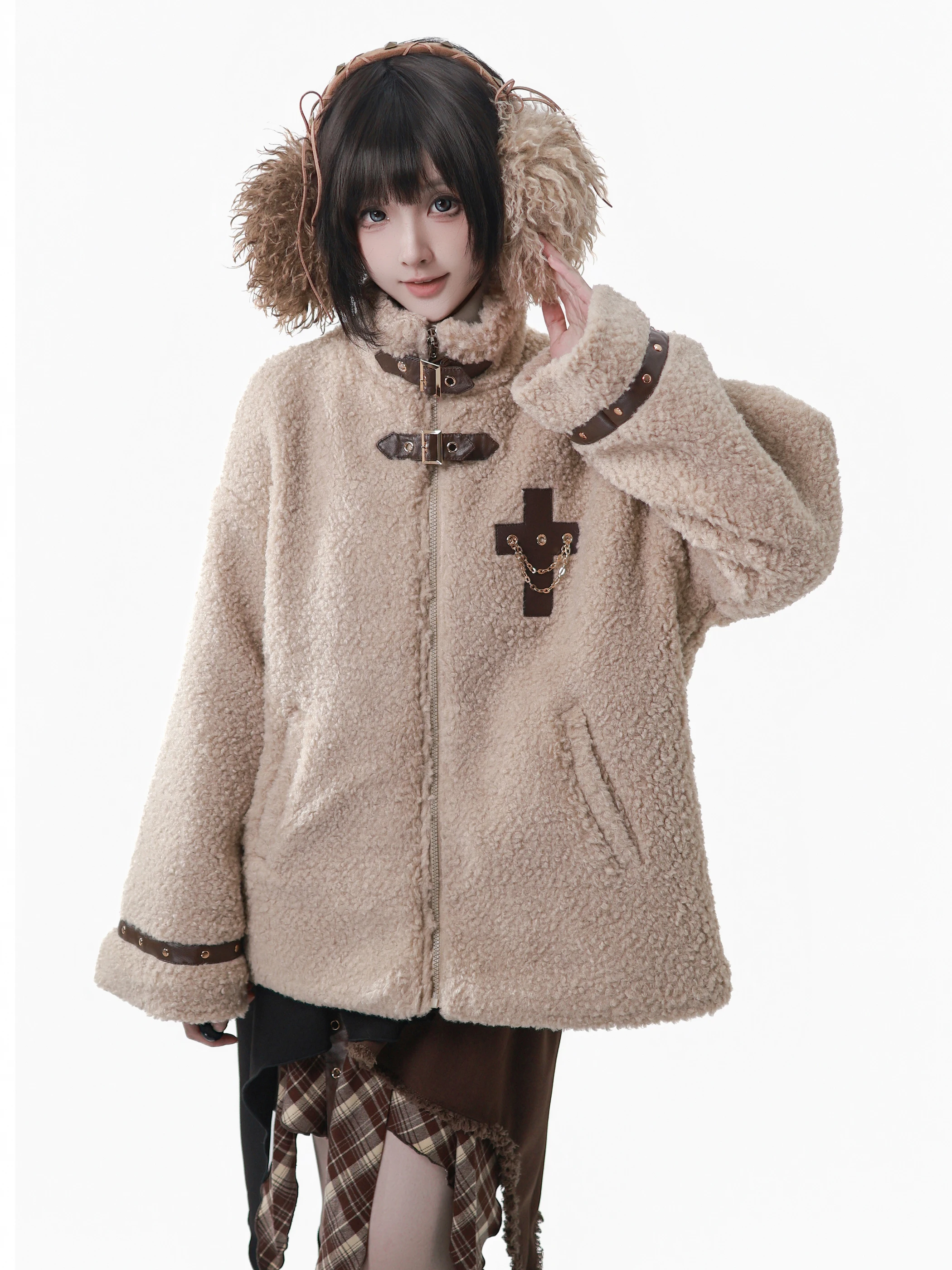 Original Punk Winter Warm Plush Jacket College Style Student Sweet Cool Fashion Faux Fur Coat Irregular Skirt Top Leg Warmers