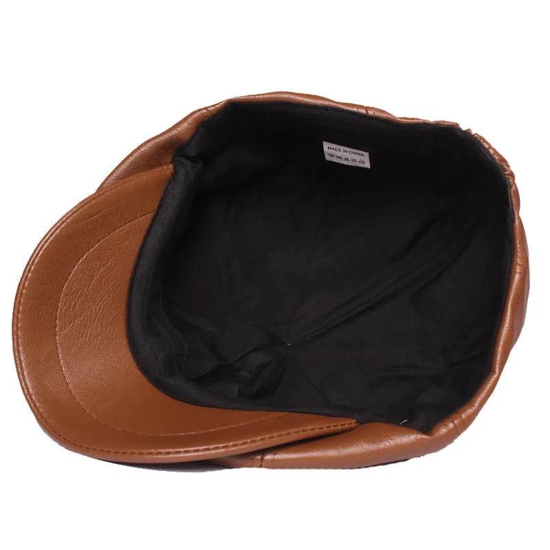 British Retro Men Leather Flat Octagonal Hat Spring Autumn Winter Leisure Beret Cap PU Newsboy Cap Brown Red Women Painter Beret
