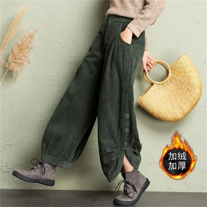 سروال قصير كوري للنساء خريف شتاء قطيفة دافئة فضفاضة غير رسمية سراويل حريم ريترو عالية الخصر زر ملابس الشارع بنطال ذو قصة أرجل واسعة #4