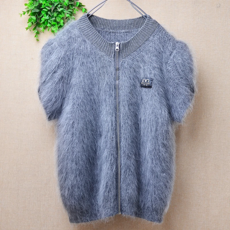 Ladies Women Fall Winter Clothing Grey Hairy Angora Rabbit Hair Knitted Zippers Short Sleeves Slim Cardigans Sweater Vest Jacket