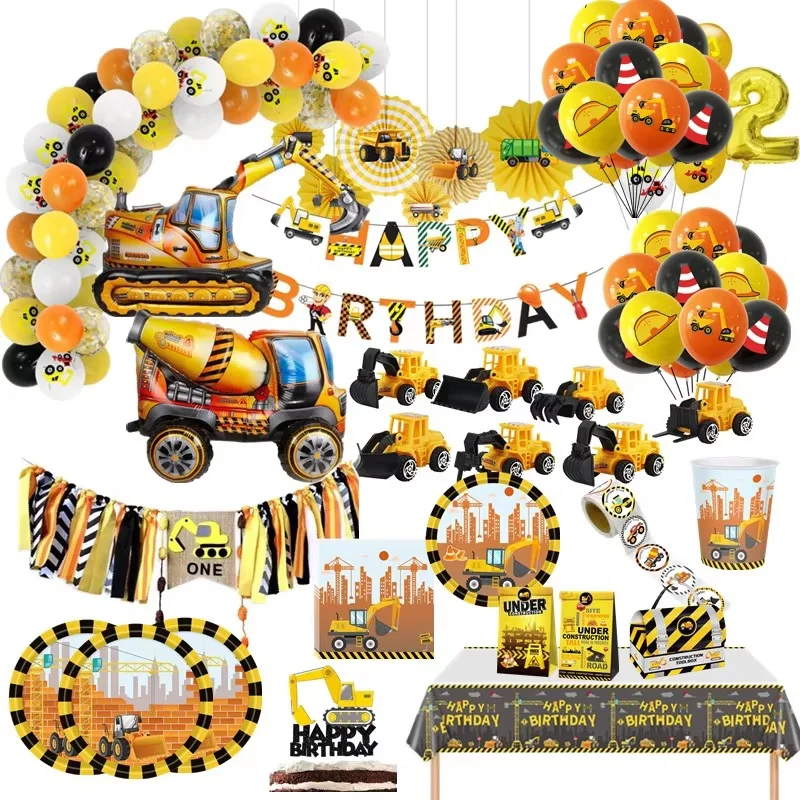 

Construction Vehicle Party Decorations Excavator Inflatable Balloons Disposable Tableware Set Kids Boys Birthday Party Supplies