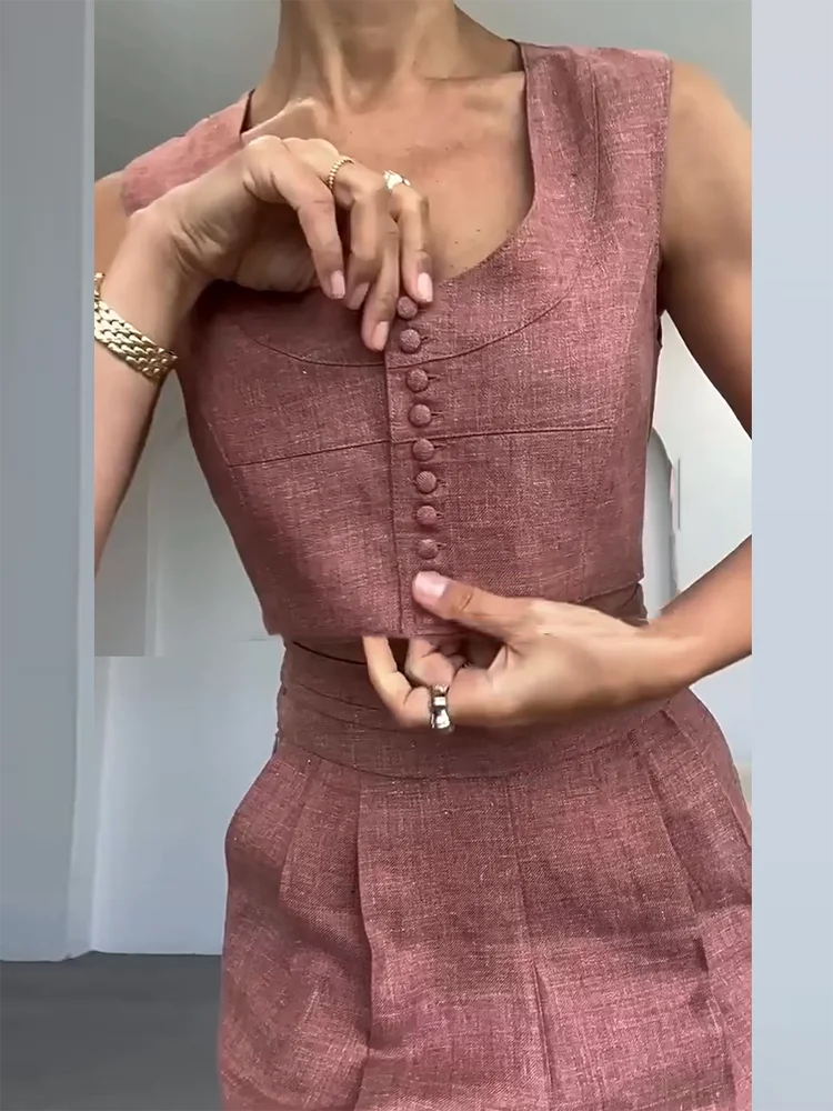 

Casual Summer Solid Color Party Outfit Women Fashion O Neck Tank Top with Long Skirt 2 Piece Set Vintage Sleeveless Pocket Suit