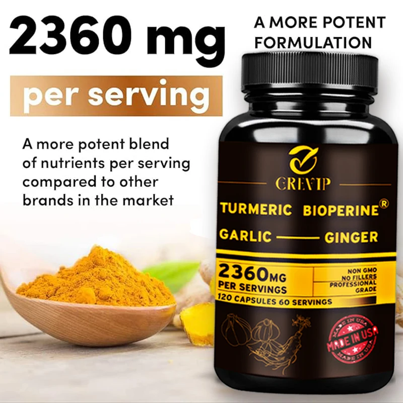 4-in-1 Supplement with Turmeric, Garlic, Ginger Root and Black Pepper - for Joint, Digestive and Immune Support