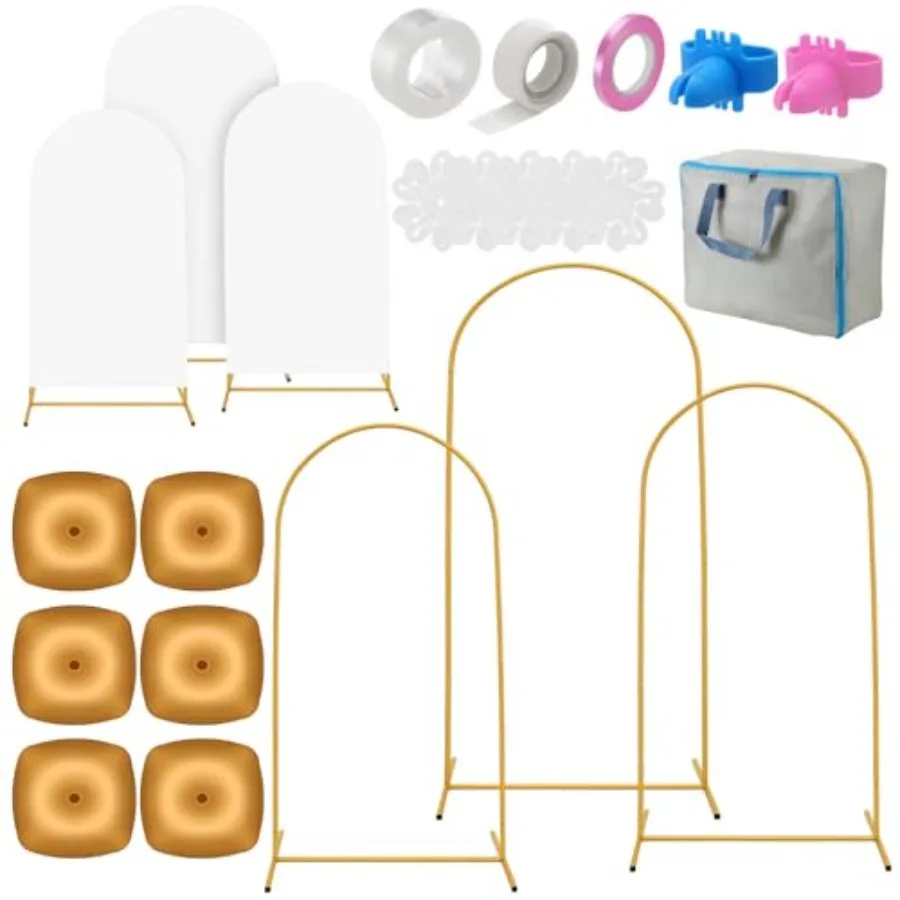 

3Pack Gold Metal Arch Backdrop Stand and Cover Set 6ft 6.6ft 7.2ft Reusable Wedding Arch Back Drop Stand with White Cover Water