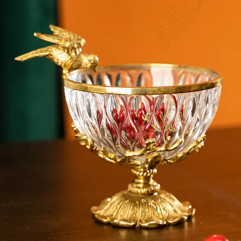 Vaso cristal lujo europeu con plato fruta cobre, cuenco fruta criativo latón para corar pequeños pájaros ame