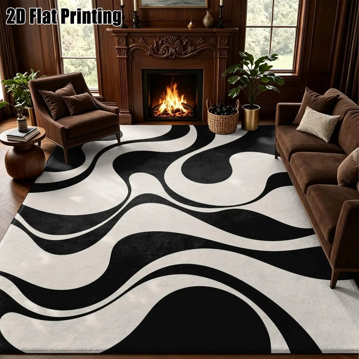 1Pc 2D Printed Black-White Abstract Art Nordic/Instagram Style Modern Minimalist Geometric Striped Carpet, Machine Washable, Multi-Size, Ideal for Home Decor, Entryway/Dining Room/Foyer/Bedroom/Living Room