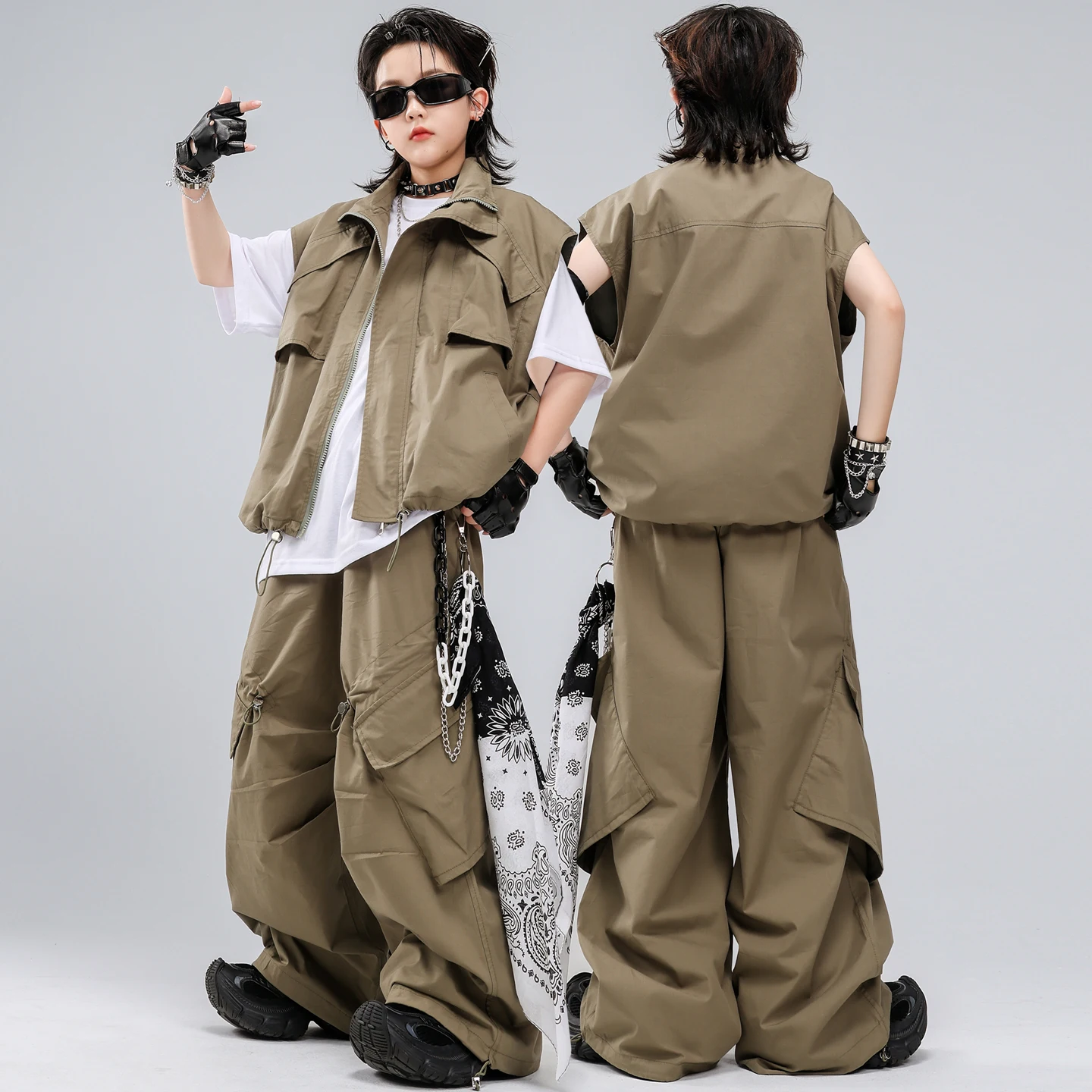 Kids Khaki Tactical Hip Hop Dance Outfit Cargo Pants Set with T-Shirt for Boys Girls Street Wear Jazz Performance Competition view 3