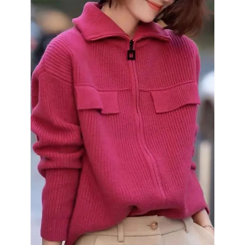 Maglione allentato con collo a Polo rosso rosa per donna autunno inverno 2024 nuovo Cardigan stile coreano maglioni stile pigro giacca in maglia con