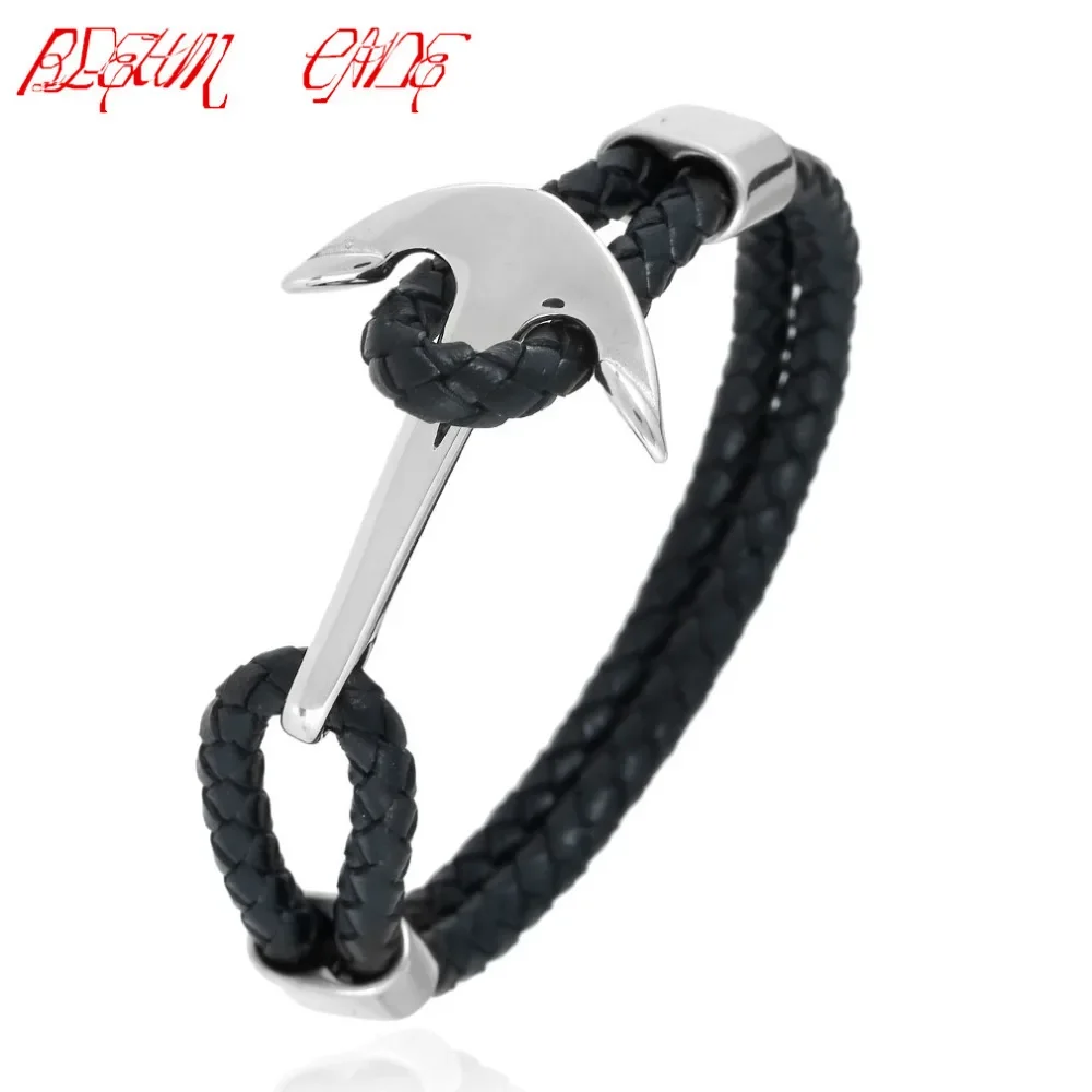 Black/Brown Real Cowhide Leather Cord Bracelet Men's Stainless Steel Boat Anchor Design Clasp Jewelry