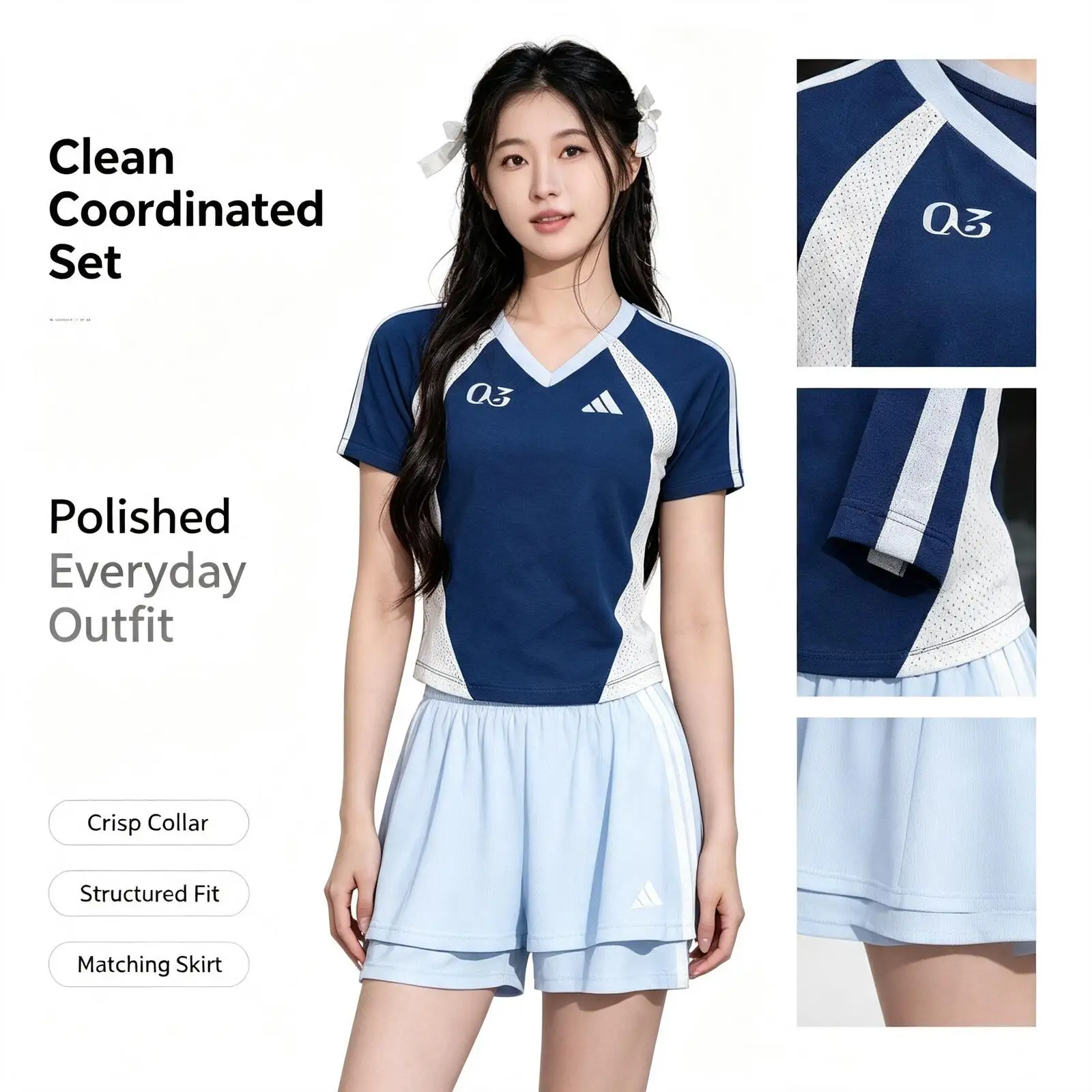 Adidas Color Block V-Neck Two-Piece Outfit Set Short Sleeve Top High Waist Pleated Skirt, Casual Sporty Matching Set