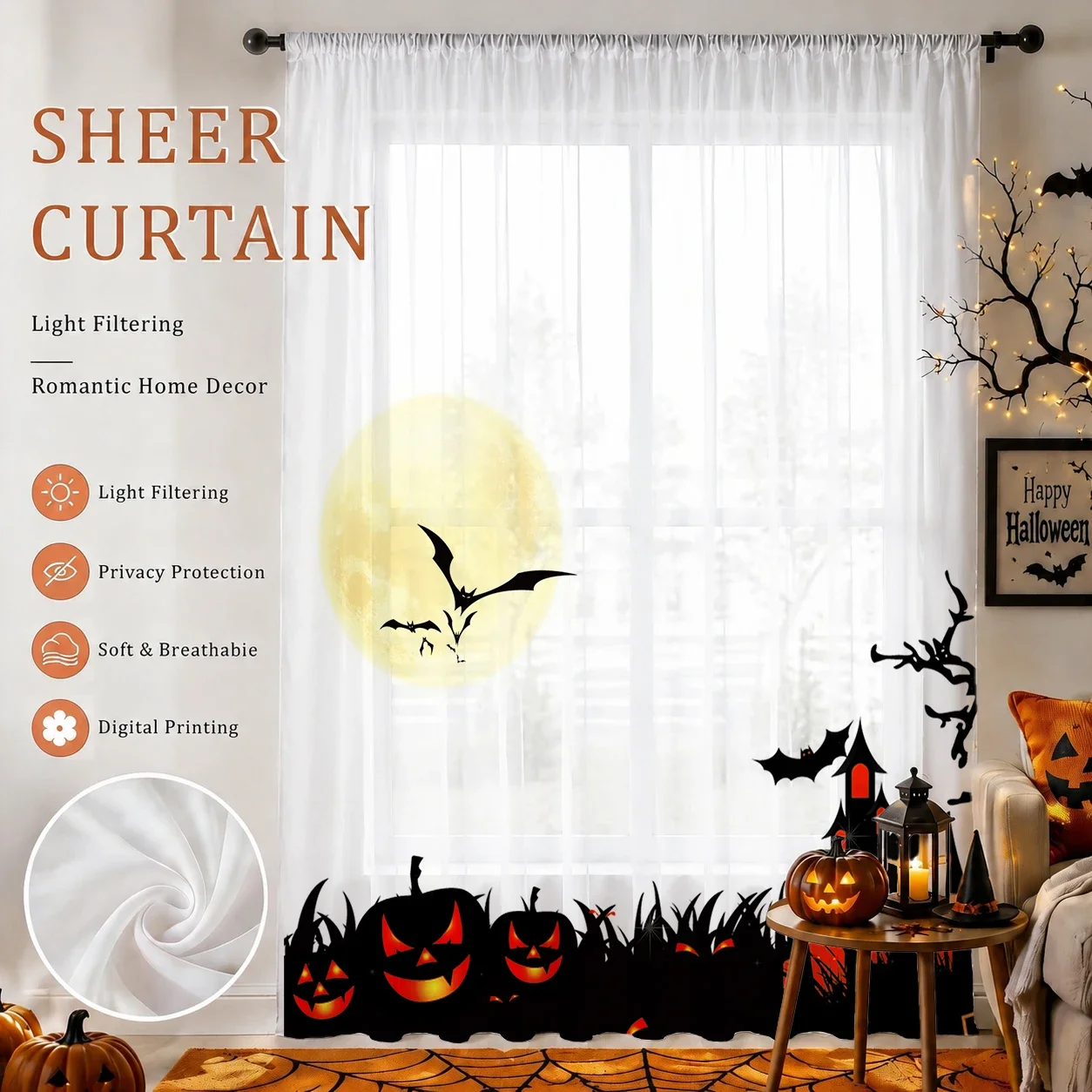Halloween Day Gradient Sheer Curtain, Good Quality Light Reducing Privacy Voile for Living/Bedroom/Kids Room,Halloween Day Gift
