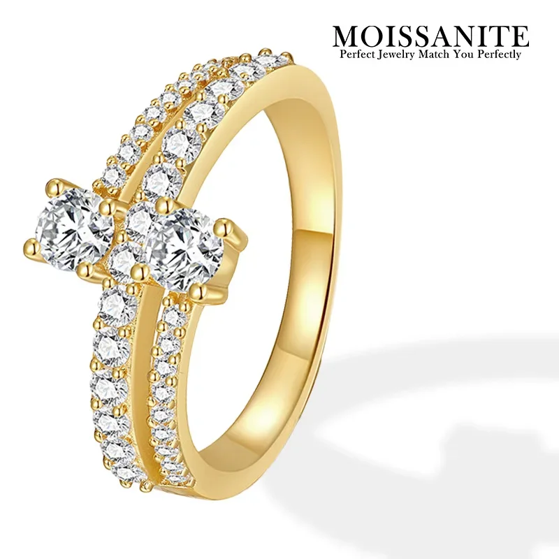 

925 Silver Gold Plated Moissanite Ring Double Row Bridal Engagement Dual Stone Jewelry