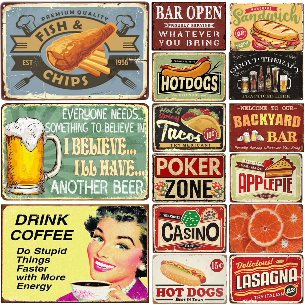 Metal Tin Signs Plaque Fish Chips Tacos Wall Decoration Vintage Art Posters Iron Painting for Man Cave Home Cafe Garden Club Bar