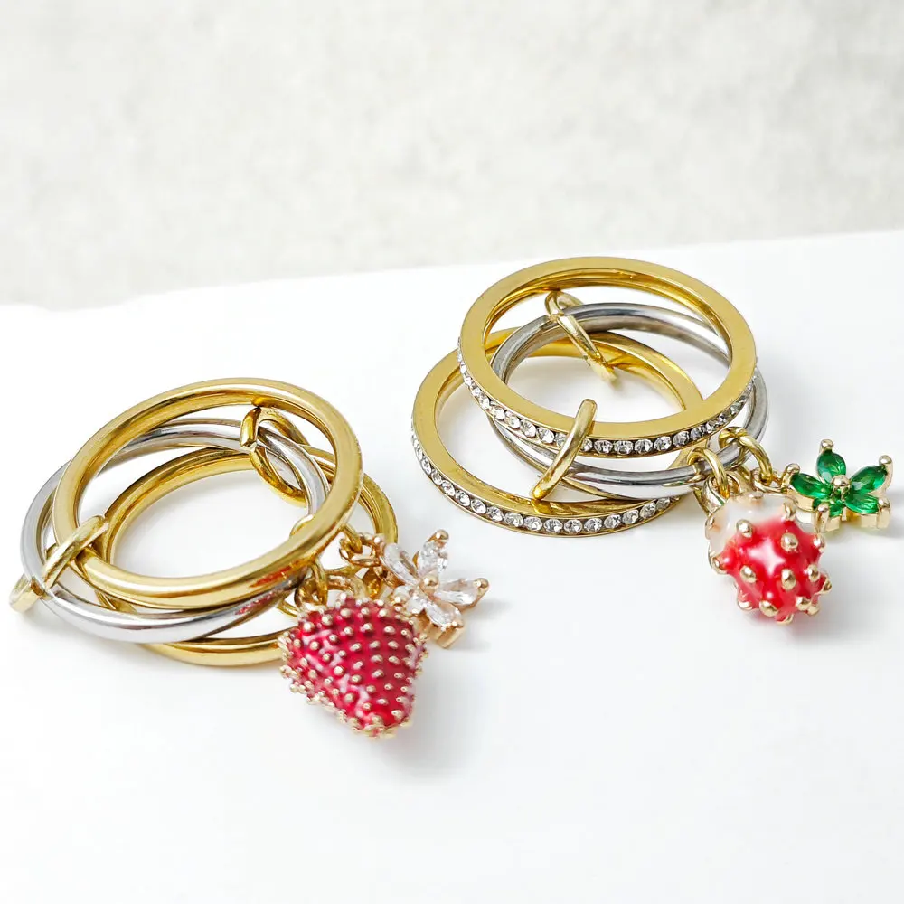 Juego de Anillos con Dijes de Flor de Fresa Estilo Y2K para Mujer, Anillos Apilables de Acero Inoxidable con Spinelli, Regalos de Joyería, Tendencia INS