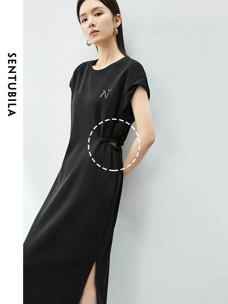 

SENTUBILA Short Sleeve Black Dress Women 2025 Summer Straight Hollow Out Waist Round Neck Split Midi Dresses Clothing 142L54122