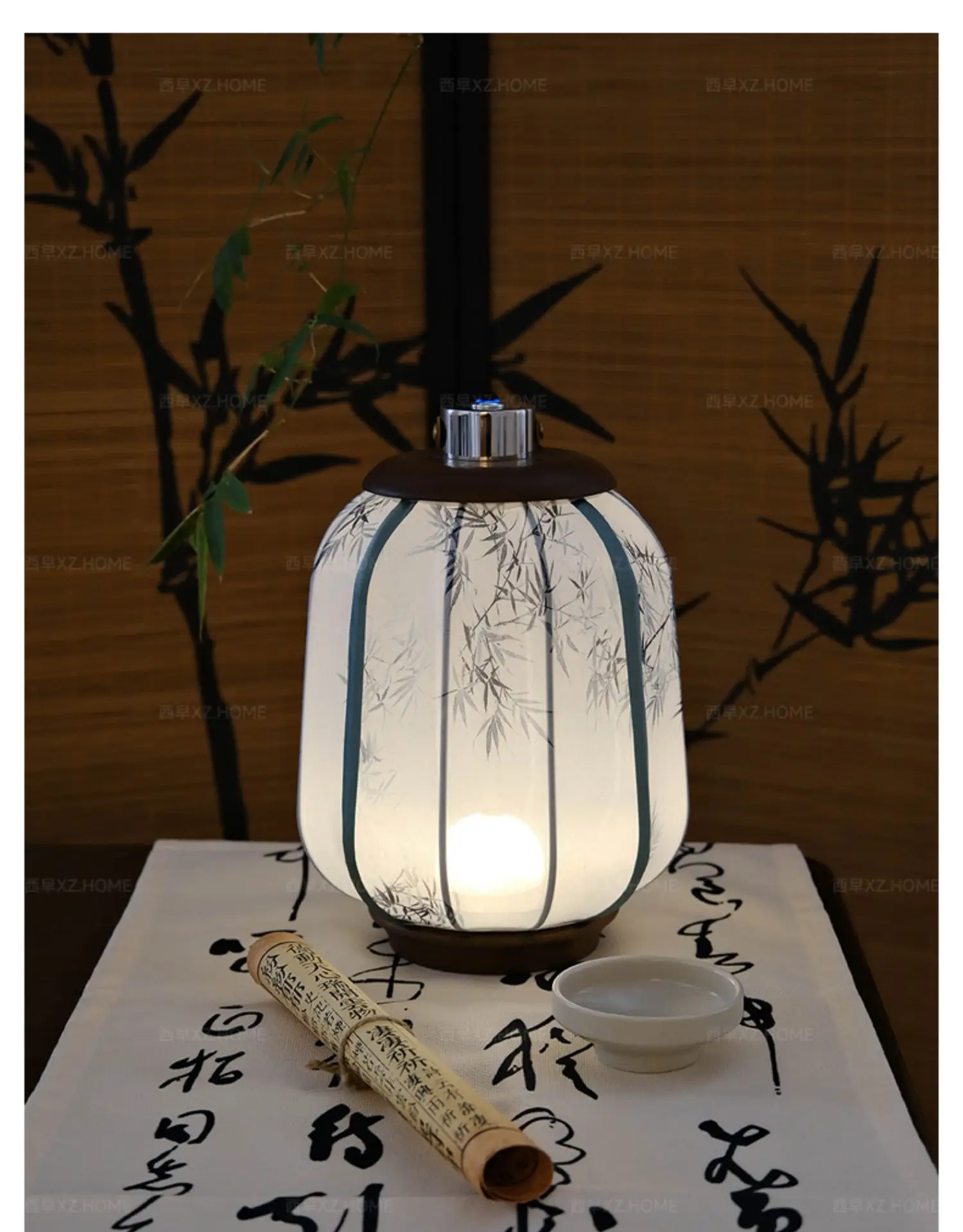 

Flower, Bird Bamboo Portable Palace Lamp Fabric Desk Bedside Bedroom Night Charging Lamp