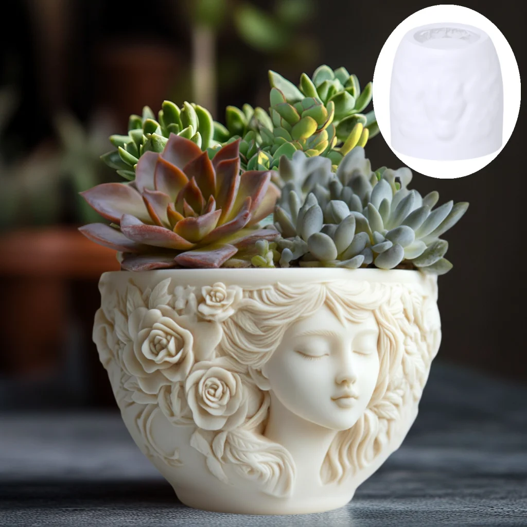 Goddess relief round succulent plant flowerpot resin silicone mould long haired rose woman flowerpot  storage box gypsum molds