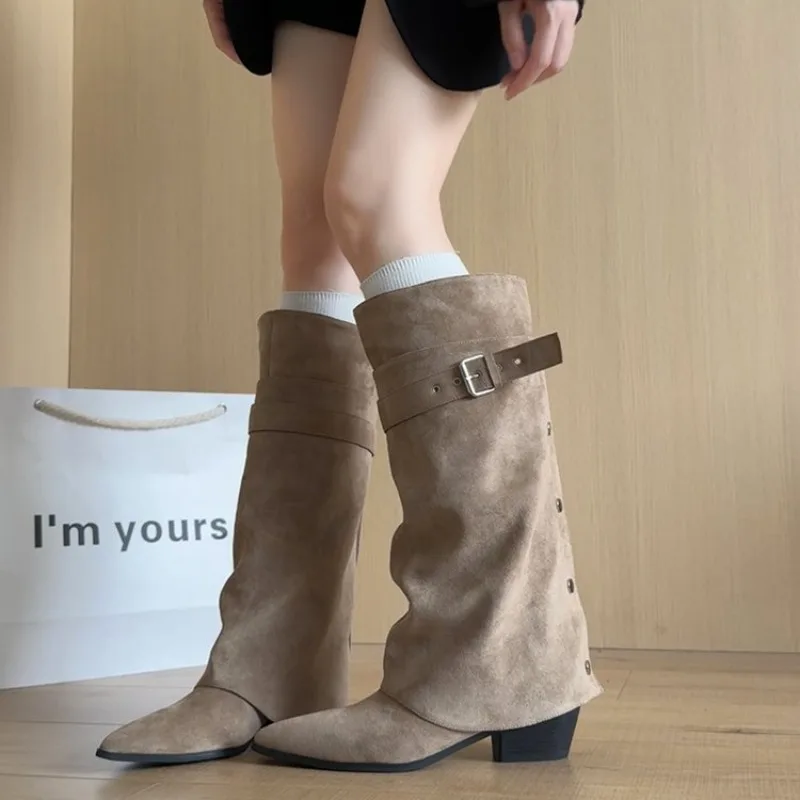 Women's Knee-High Boots Pointed Toe Low Heel Foldover Cuff Buckle Strap Slouchy Winter Tall Dress view 6