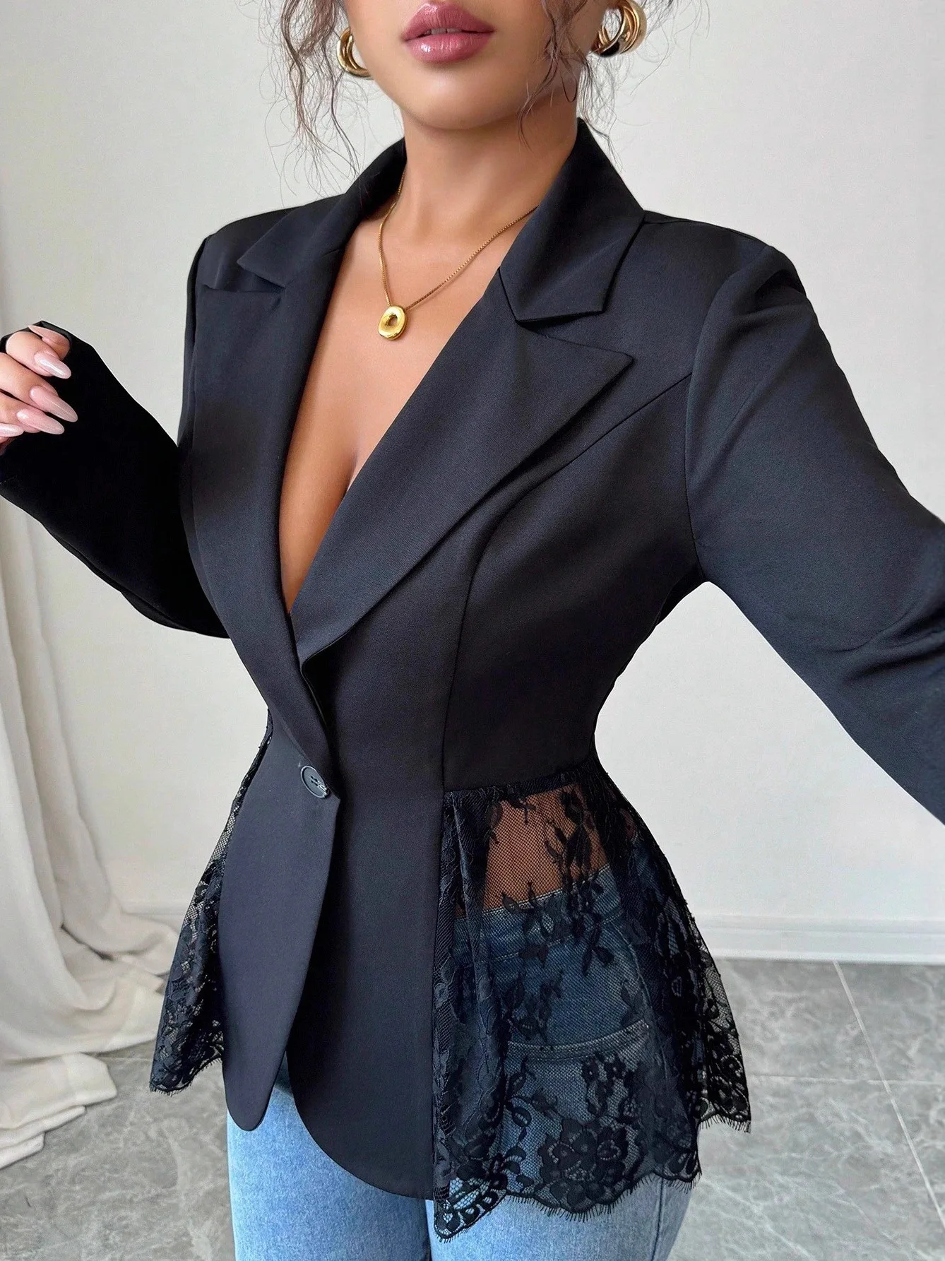 Spring 2026 Women's Lace Trim Slim Fit A-Line Suit Jacket Color Block Waist Design Thickened Polyester Casual Ladies Coat