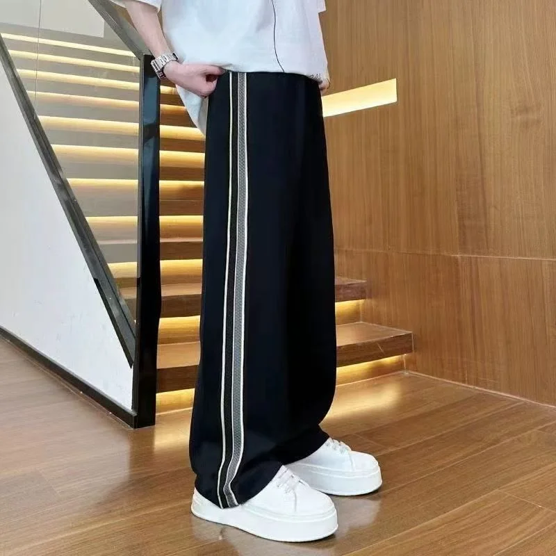 

Spring Summer Teen Casual Loose Trendy Striped Mid-high Waist Wide-leg Straight Trousers