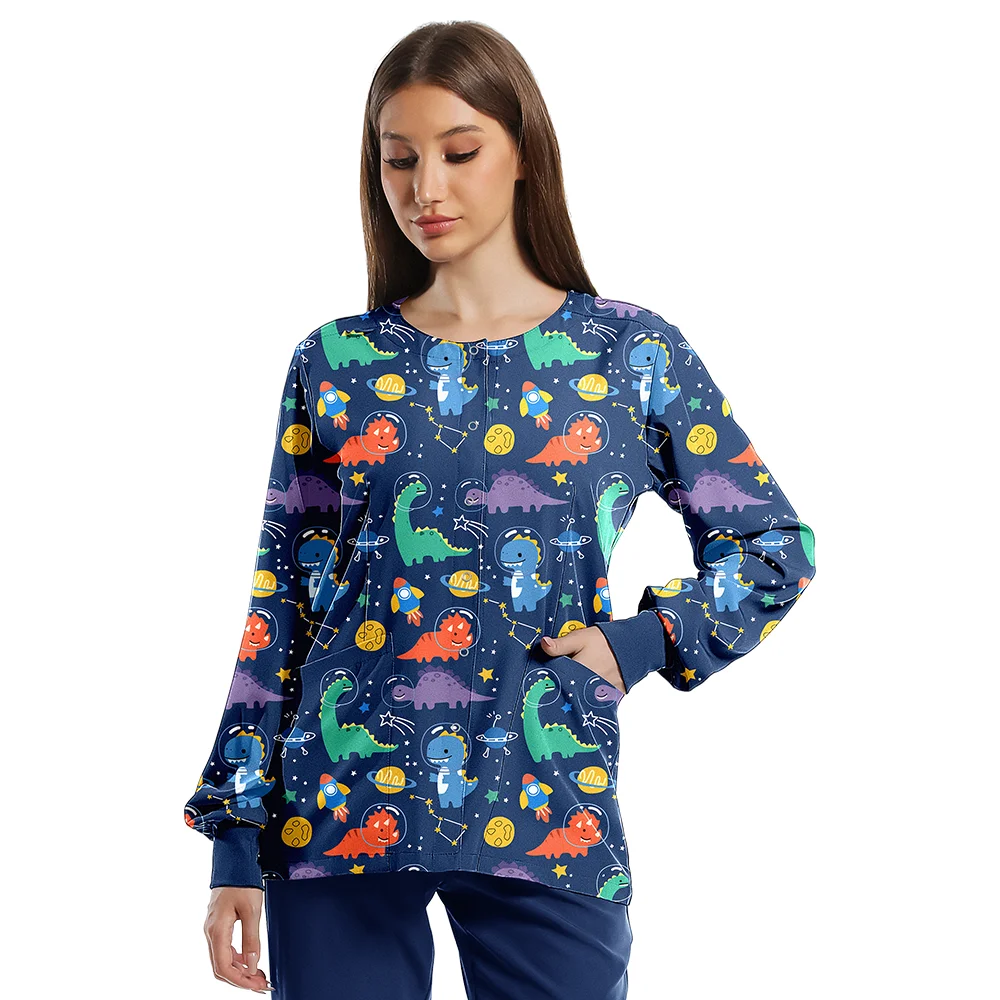 여성 간호사 유니폼, 버튼 프론트 포켓 달린 스크럽 재킷, 의료 작업복, 수술 가운, 의사 병원복