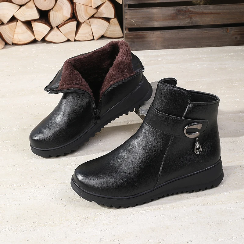 Sepatu Bot Hangat Berlapis Bulu Musim Gugur & Musim Dingin - Sepatu Nenek dengan Ritsleting Samping Anti Selip, Alas Kaki Bergaya Serbaguna untuk Usia Paruh Baya & Lansia