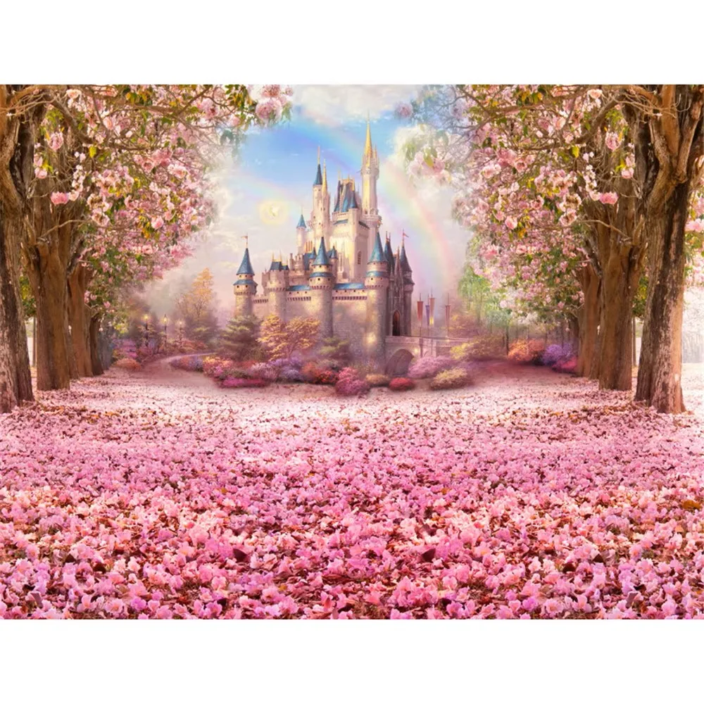 

Cymbozin Princess Girl Fairytale Backdrop Printed Pink Cherry Blossoms Flower Trees Petals Rainbow Kids Castle Photo Backgrounds