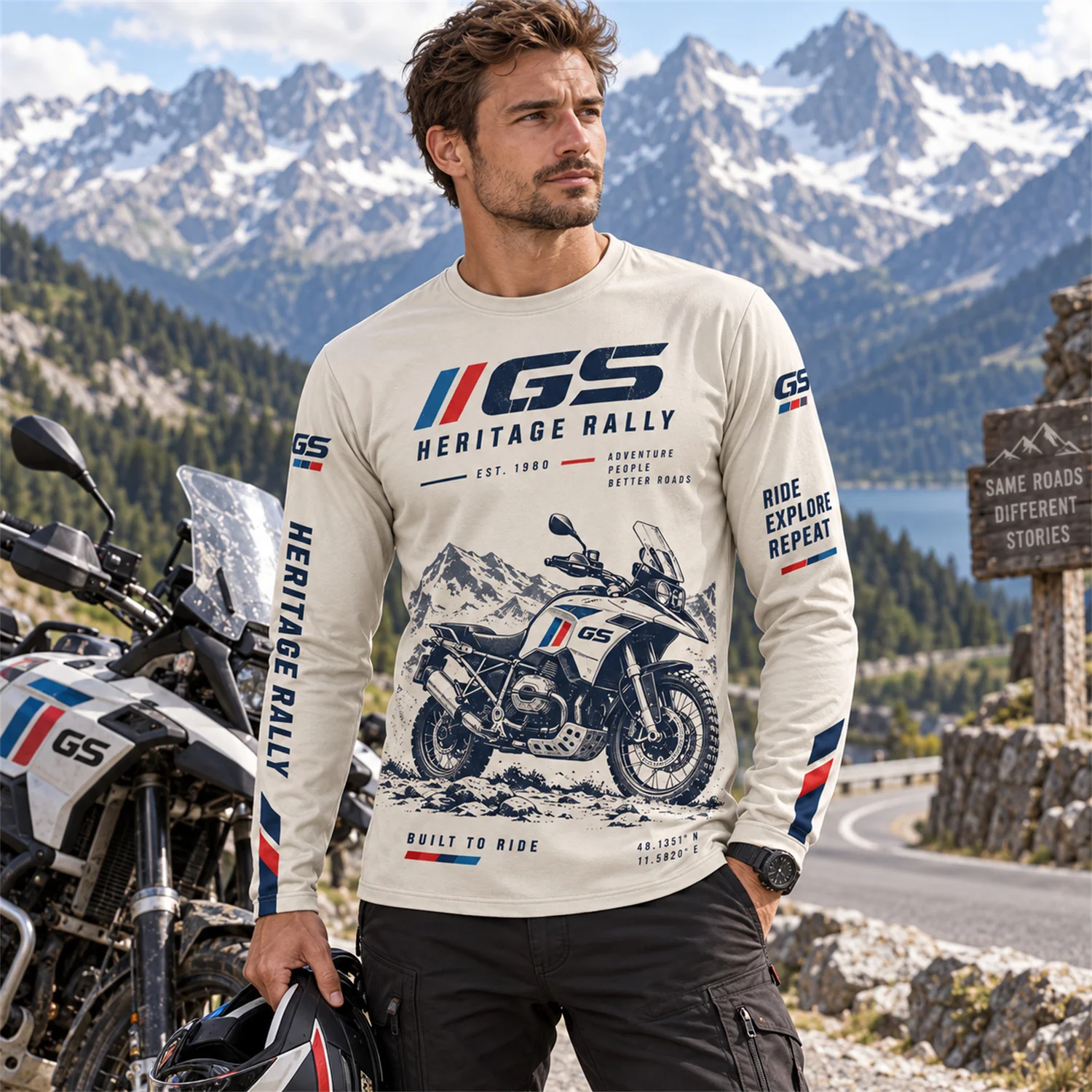 GS Motorrad Motorcycle Long Sleeve Shirt Heritage Rally Graphic Print Adventure Riding Jersey Unisex Biker Outdoor Travel Top