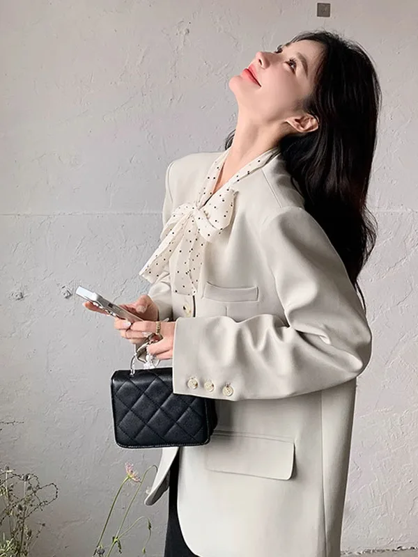 

Spring 2025 New Style Women's Color Block Polka Dot V-neck Suit Jacket Commute Fashion Long Sleeve Single Button Closure
