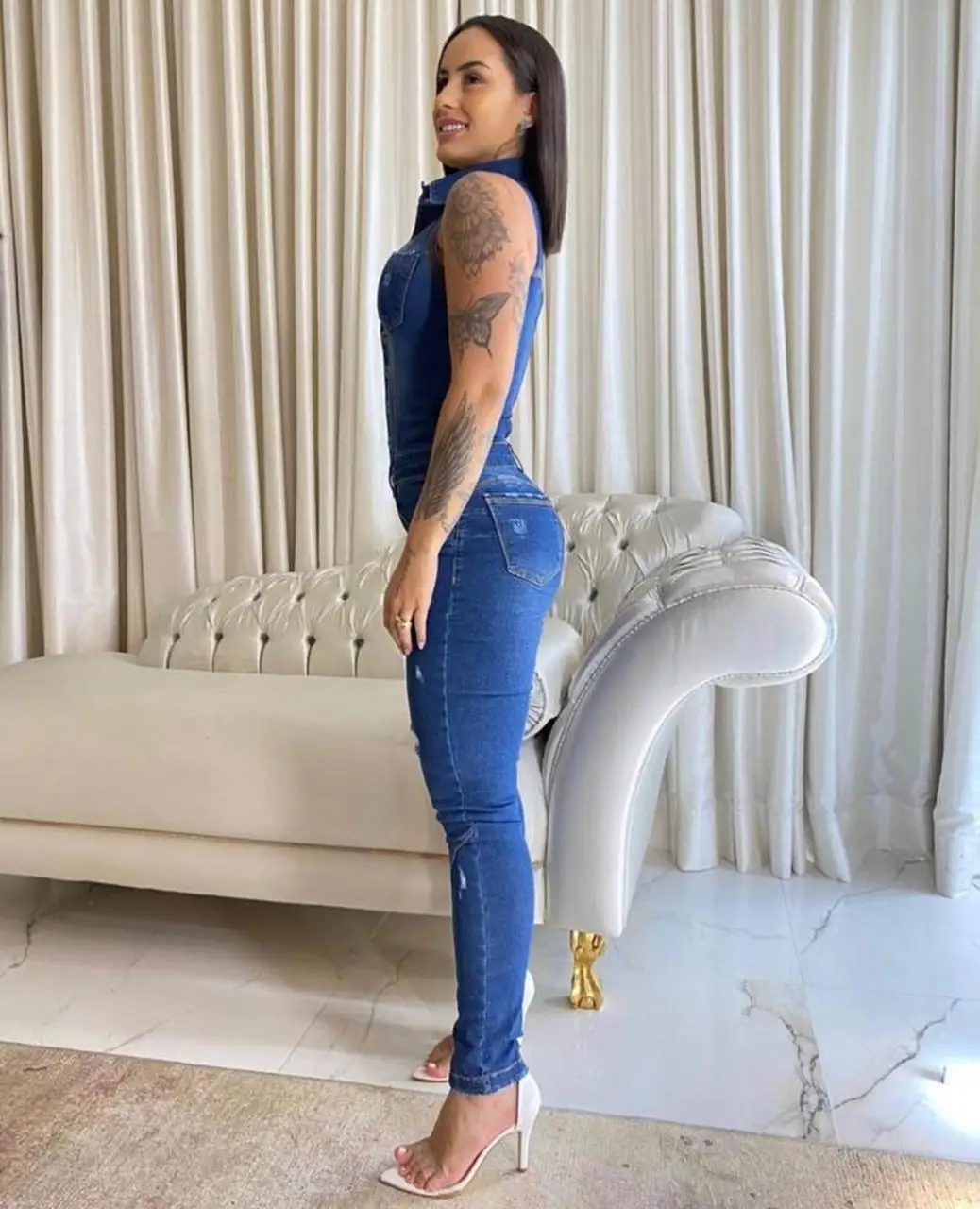 Jeans Stretch Overalls Buttons Female Turn Down Skinny Blue Denim Casual Jumpsuit Rompers