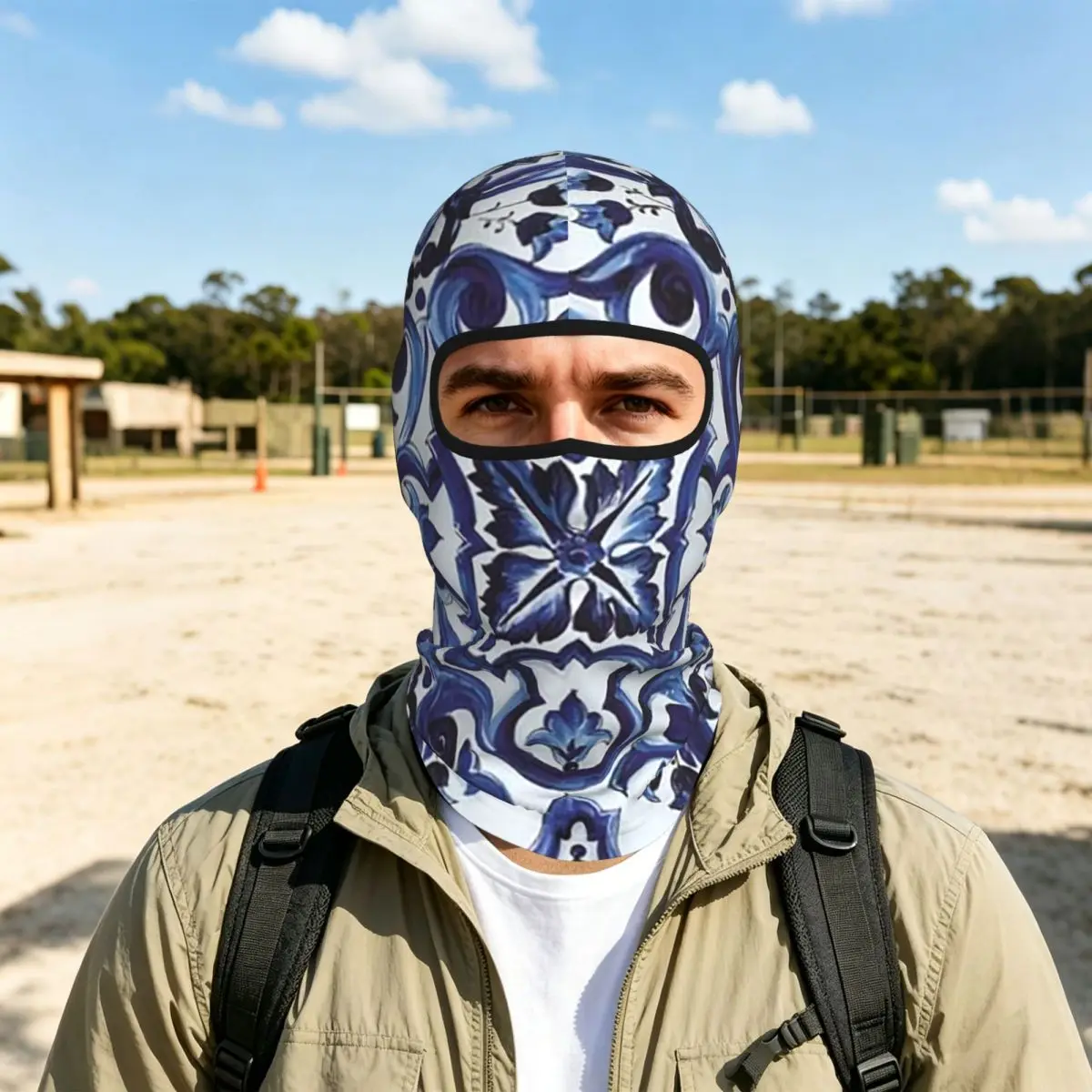 Blue Ornate Floral Mediterranean Sicilian Tile Thin Balaclava Full Face Mask Sun Protection Neck Gaiter For Motorcycle Cycling