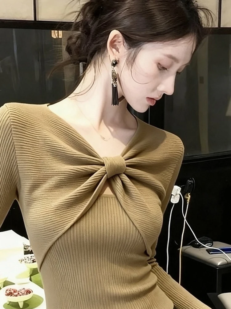 시크 롱 니트 스웨터 트위스트 매듭 여성 슬림핏 이너웨어 탑 패셔너블 가을 겨울 날씬해 보이는