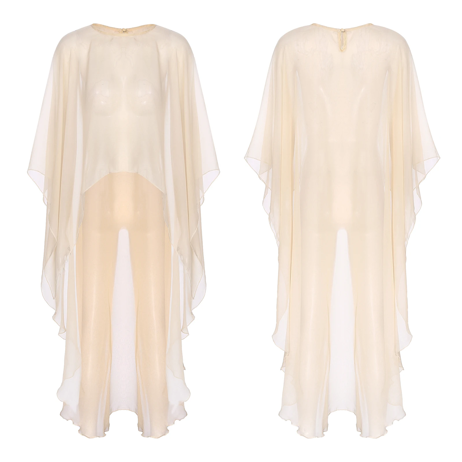 Womens Asymmetrical Sheer Cover-Ups Blouse Thin Coat Round Neck Batwing Sleeve See-Through Chiffon Shrug High Low Hem Shawl Tops