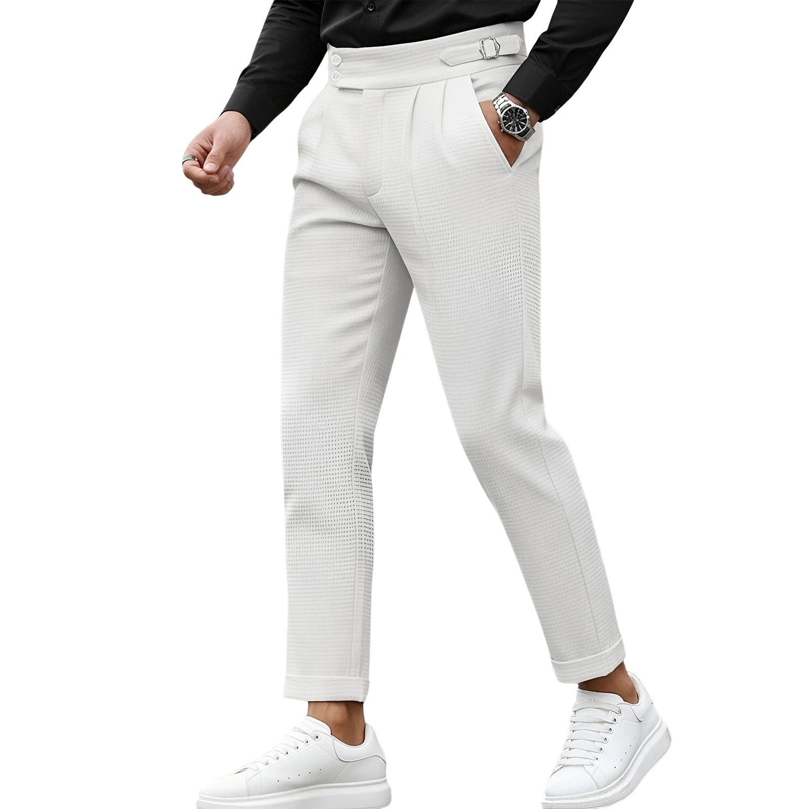 Men Waffle Knit Dress Pants Gurkha Waist Adjustable Buckle Tapered Ankle Length Cuffed Business Casual Formal Trousers For Men
