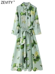 Zevity 2024 Women Vintage Green Flower Print Bow Tied Sashes Slim Midi Shirt Dress Female Chic Casual Retro Party Vestido DS6177