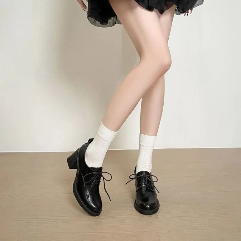 Women Square Toe Lace Up Oxford Shoes Faux Leather Chunky Block Heel Vintage High Heel Pumps Preppy Style Daily Dress Footwear