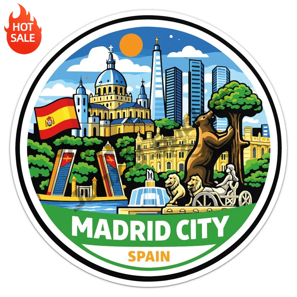 Cartoon Style Spain Madrid City Vinyl Car Sticker Decorative Decal for Car Window and Travel Bag Creative Car Decor