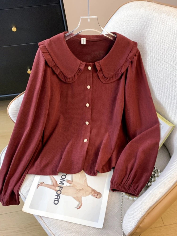 

Women's Corduroy Shirt Peter Pan Collar Long Sleeve Casual Vintage Style Slimming Versatile Solid Color Blouse for Autumn