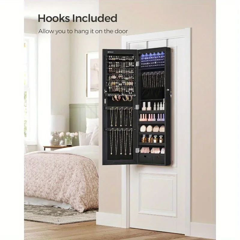 

Luxurious Jewelry Armoire Cabinet - Wall-Mounted with LED Interior Lights, Door-Mounted Organizer, Full-Length Mirror, Perfect