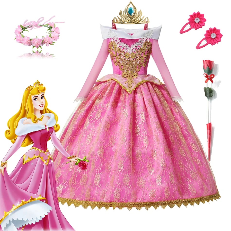 Disney Girls Sleeping Beauty Aurora Cosplay Princess Dress Kids Carnival Frozen Elsa Cinderella Costume Party Clothing 2-12Years