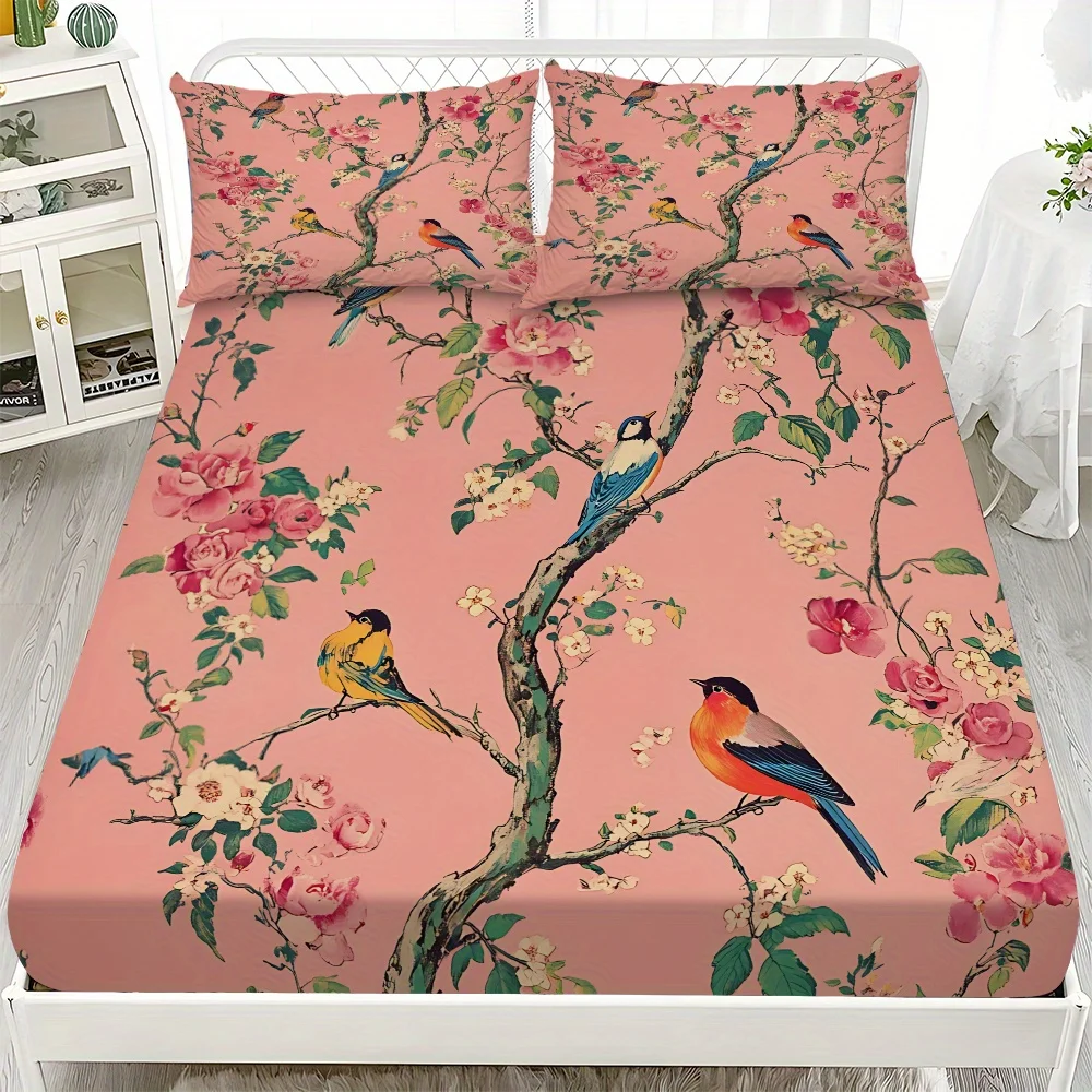 

3pcs Flowers and Birds Bed Sheet Set Mattress Protector Set (1* Fitted Sheet 2* Pillowcases, No Core), Stylish, Soft and Comfort