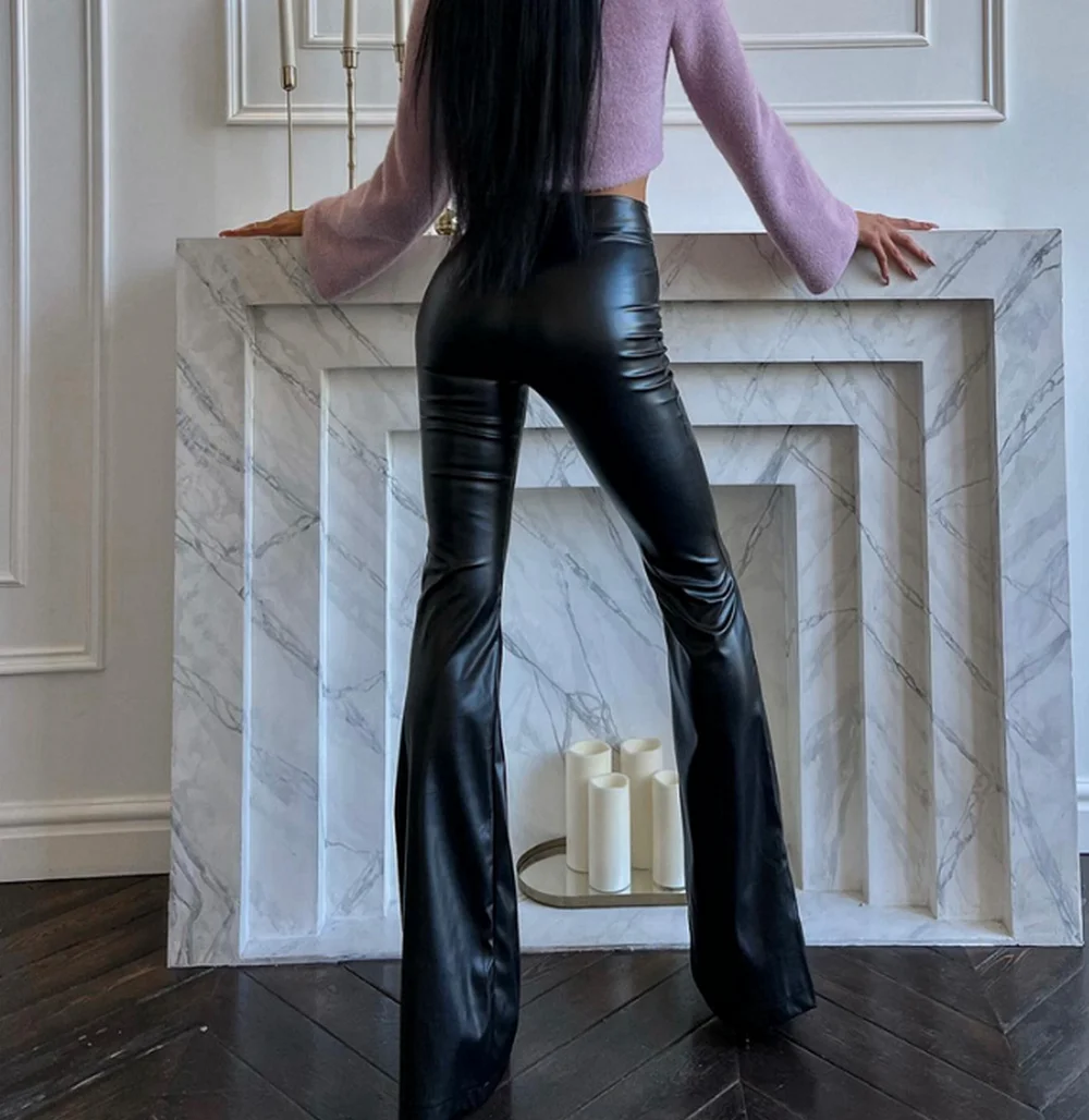 Tall Girl Faux Leather Flared Legging Long High Waist  for Women Stretchy Shiny Leggings Bell Bottom Pleather Fit Pleather Pants